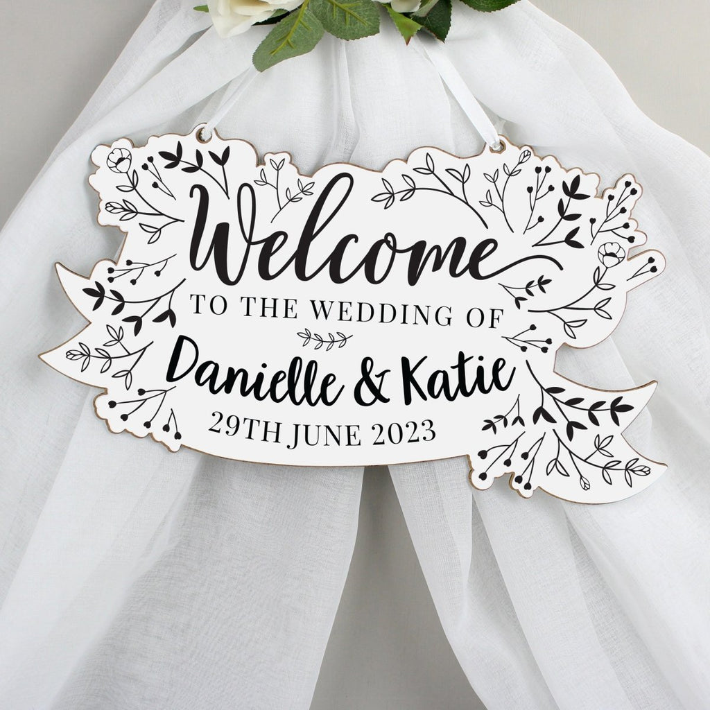 Personalised Monochrome Floral Wedding Wooden Hanging Decoration - Engraved Memories