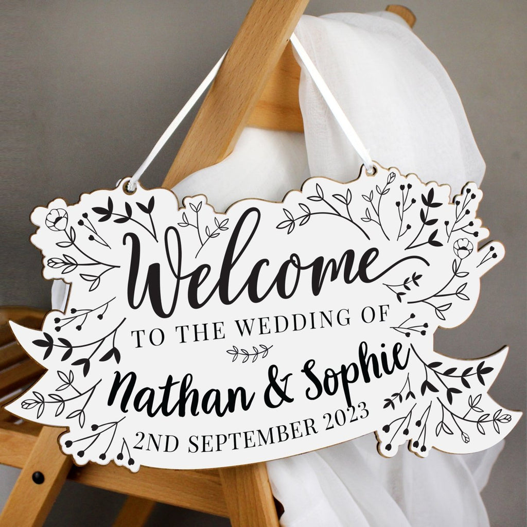 Personalised Monochrome Floral Wedding Wooden Hanging Decoration - Engraved Memories