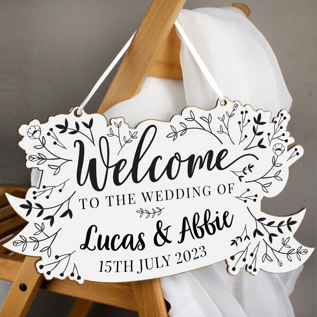 Personalised Monochrome Floral Wedding Wooden Hanging Decoration - Engraved Memories