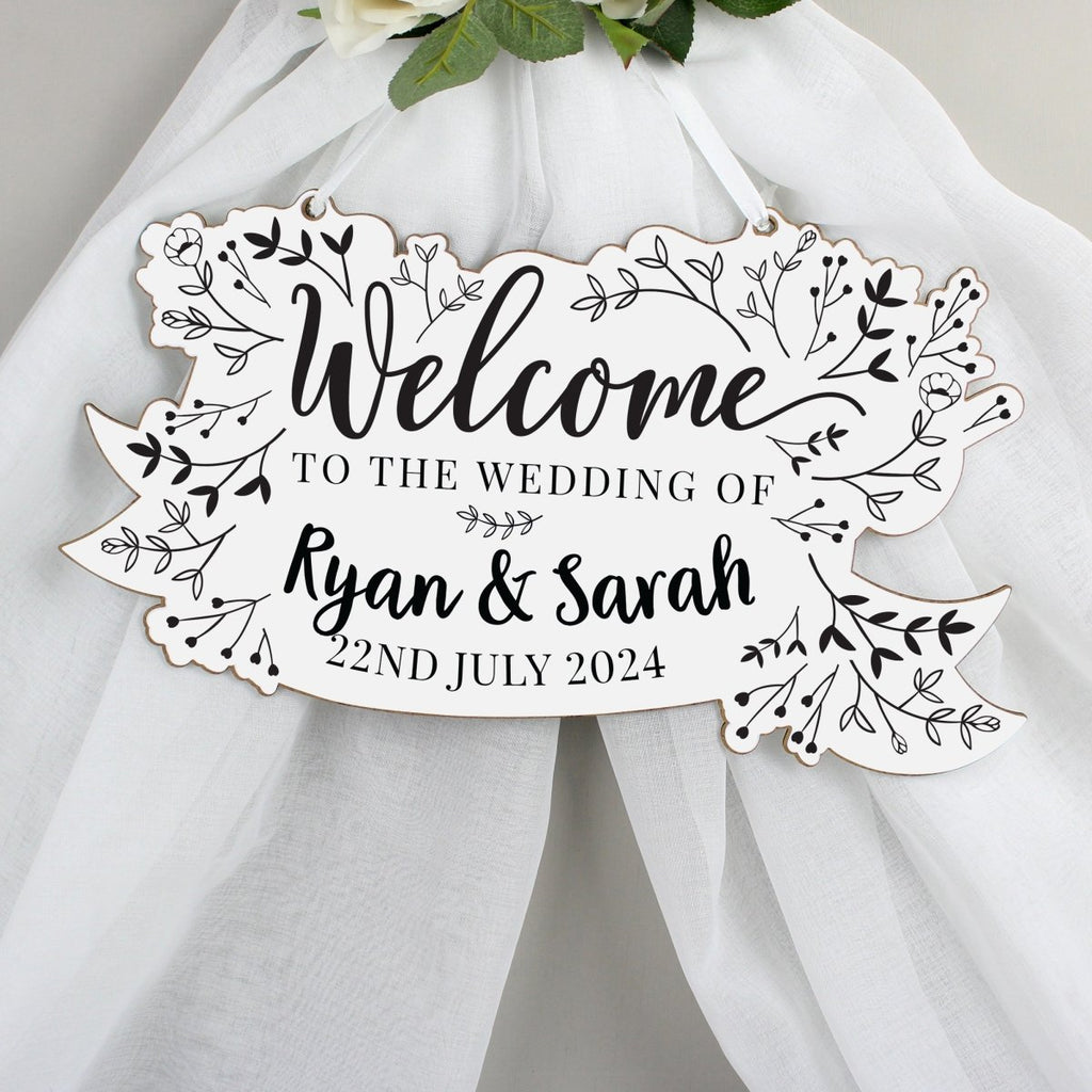 Personalised Monochrome Floral Wedding Wooden Hanging Decoration - Engraved Memories