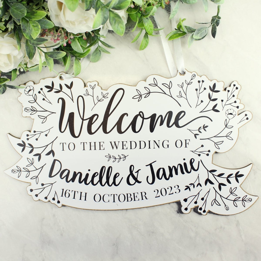 Personalised Monochrome Floral Wedding Wooden Hanging Decoration - Engraved Memories