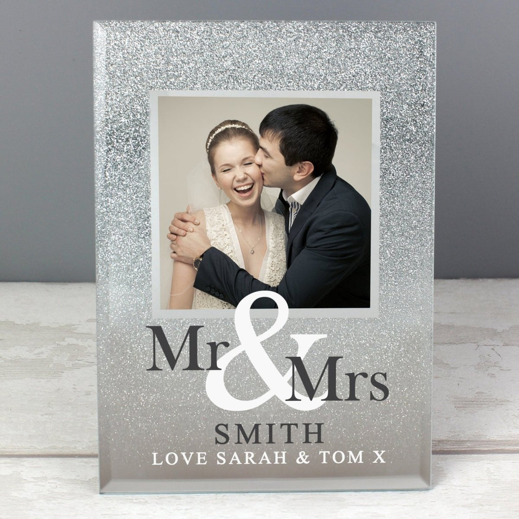 Personalised Mr & Mrs 4x4 Glitter Glass Photo Frame - Engraved Memories