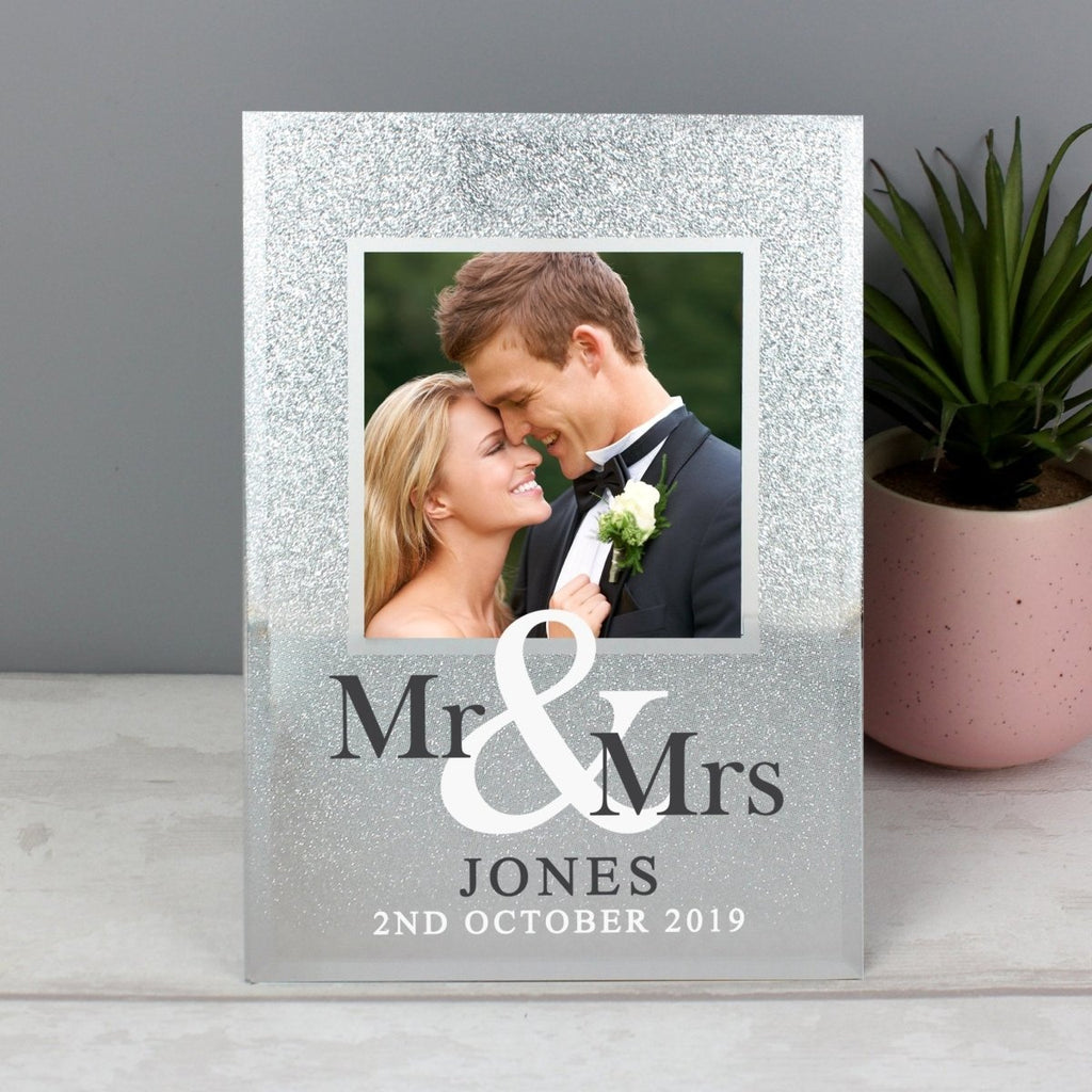 Personalised Mr & Mrs 4x4 Glitter Glass Photo Frame - Engraved Memories