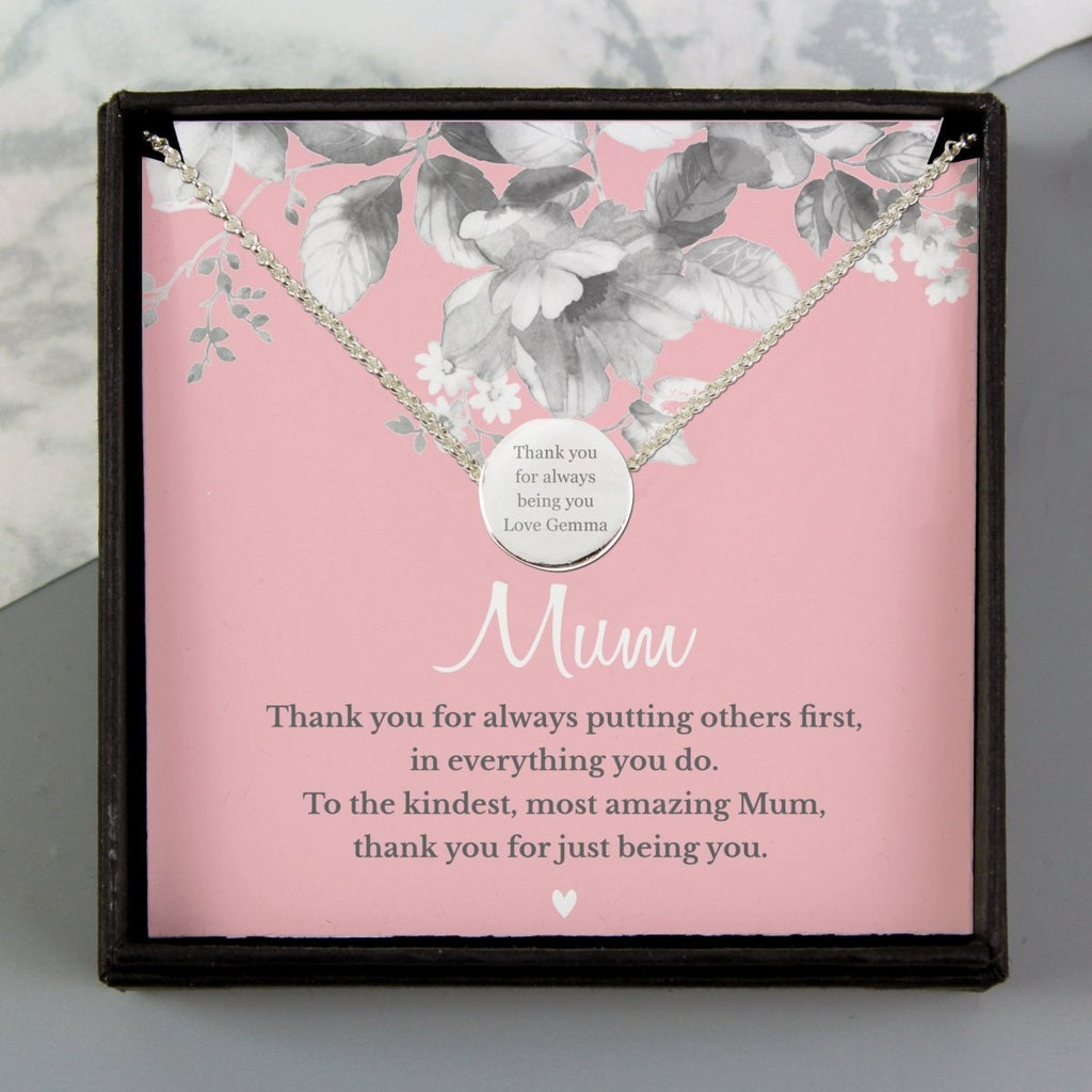 Personalised Mum Sentiment Silver Tone Necklace and Box - Engraved Memories