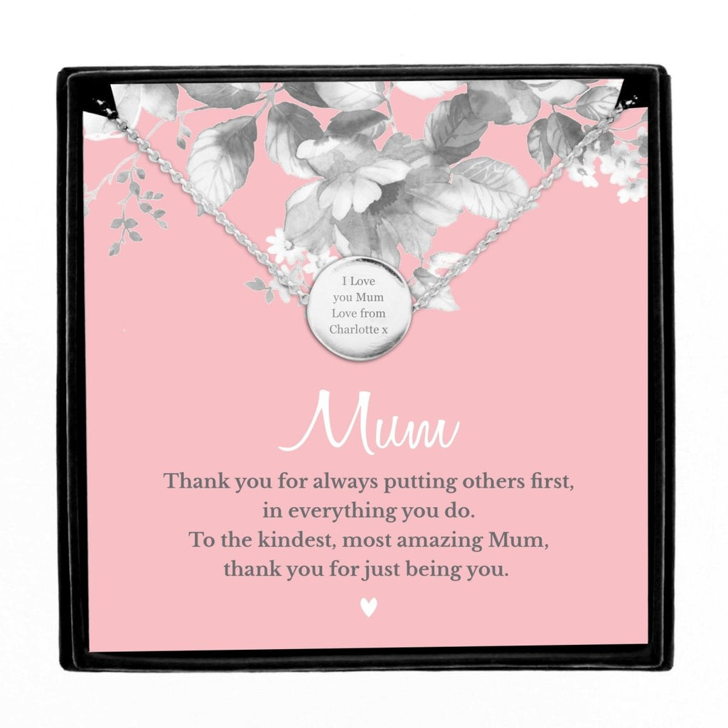 Personalised Mum Sentiment Silver Tone Necklace and Box - Engraved Memories