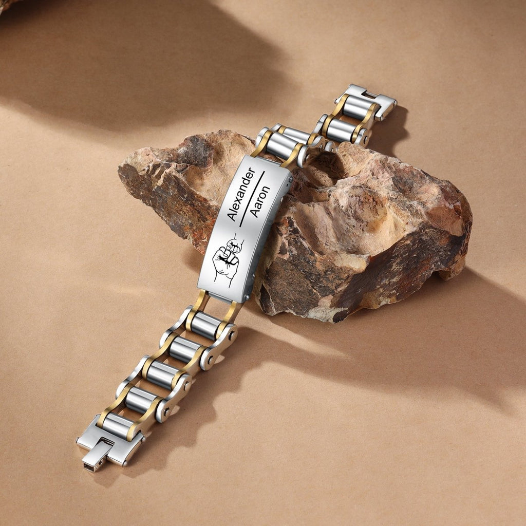Stainless steel personalised name bracelet with a fist bump design, a perfect Father & Son or biker gift.