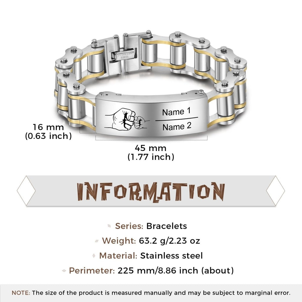 Stainless steel personalised name bracelet with a fist bump design, a perfect Father & Son or biker gift.
