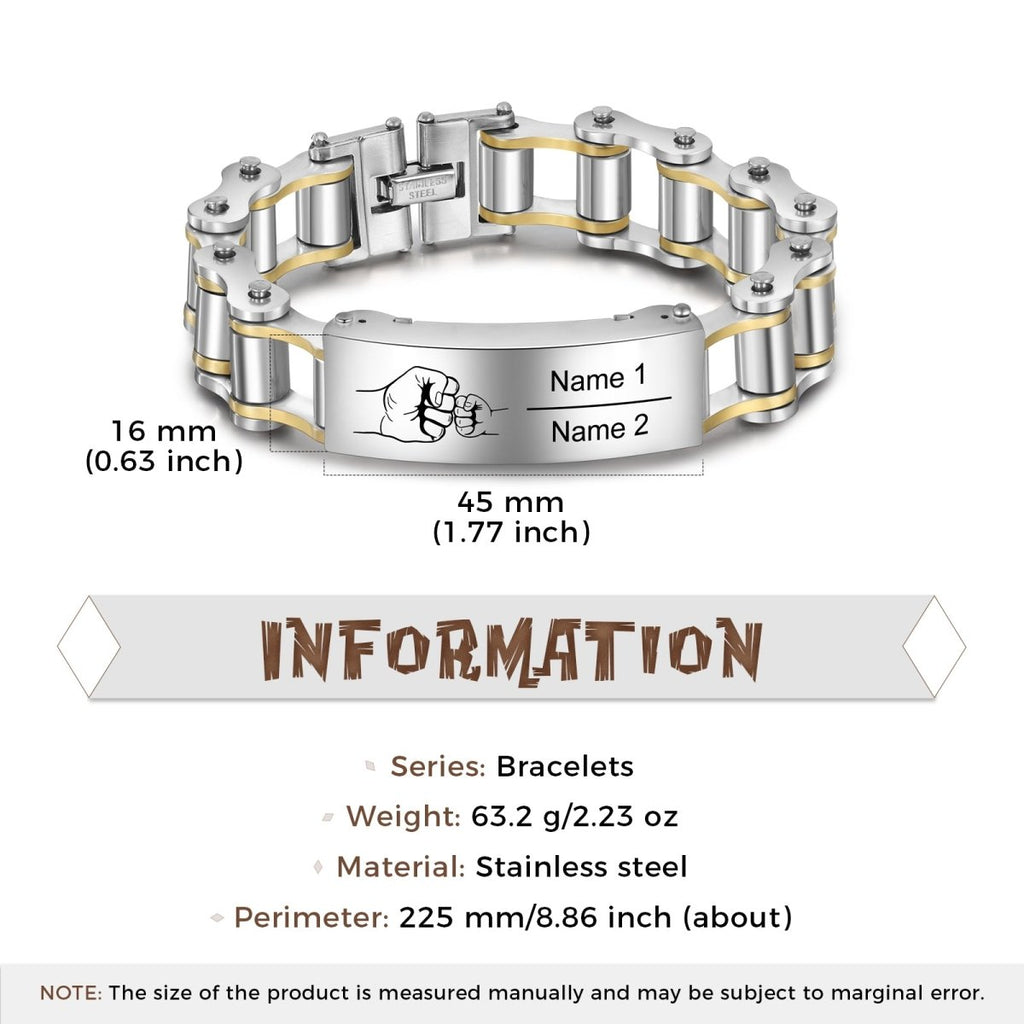 Personalised Name Bracelet, Fist bump Stainless Steel Men Bracelet, Biker Bracelet, Father & Son Gift - Engraved Memories