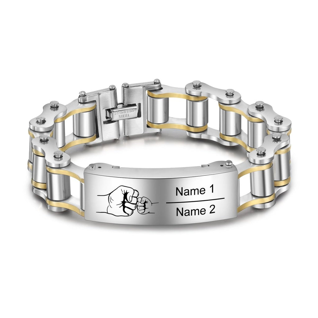 Personalised Name Bracelet, Fist bump Stainless Steel Men Bracelet, Biker Bracelet, Father & Son Gift - Engraved Memories