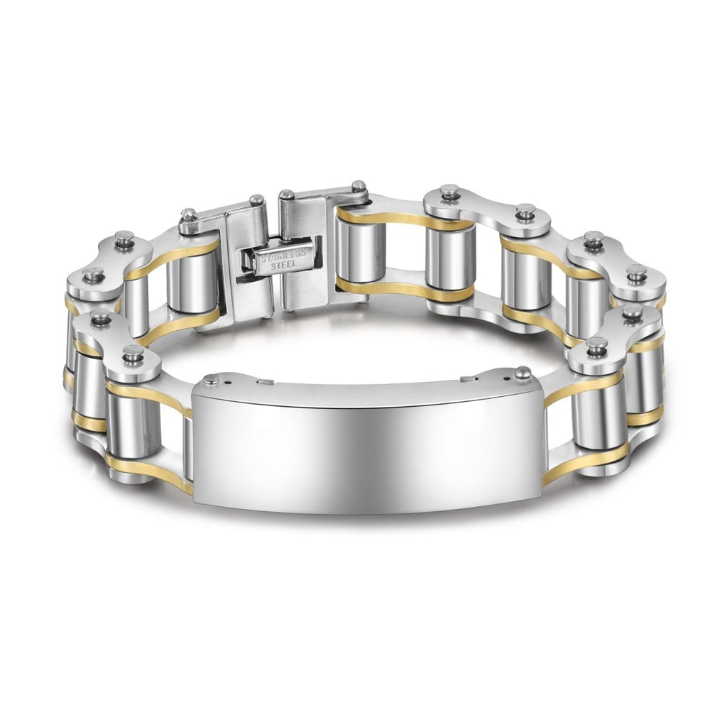 Stainless steel personalised name bracelet with a fist bump design, a perfect Father & Son or biker gift.