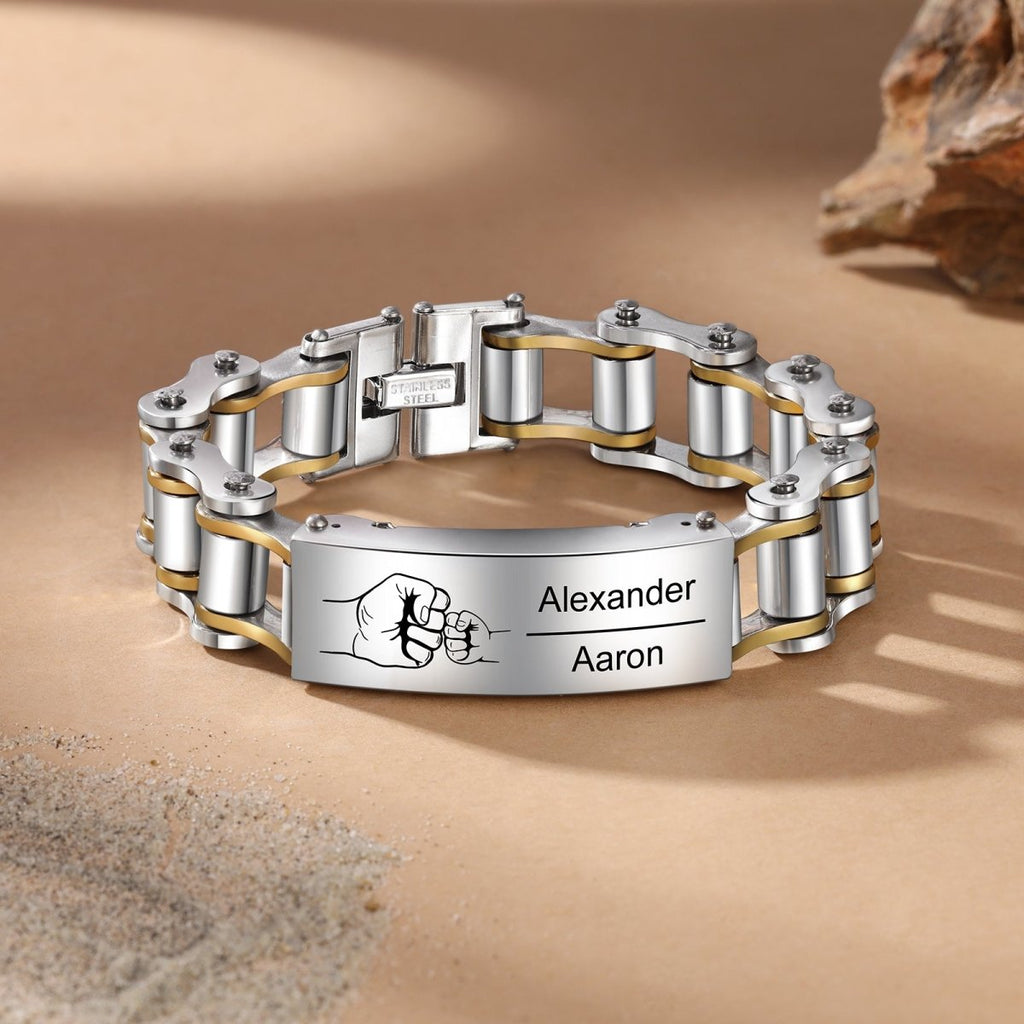 Stainless steel personalised name bracelet with a fist bump design, a perfect Father & Son or biker gift.