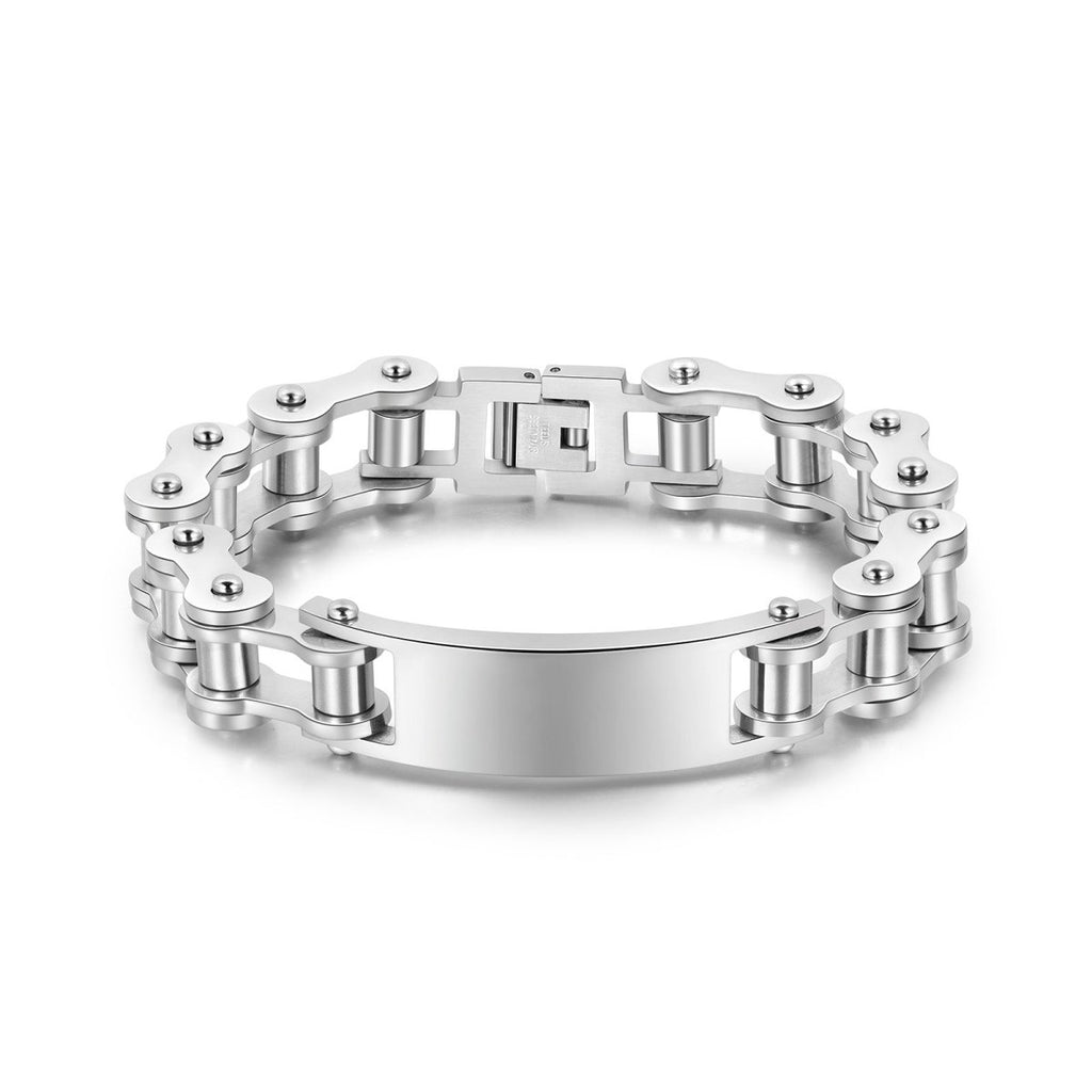 Stainless steel personalised name bracelet with a biker chain design, perfect for Father's Day or any occasion