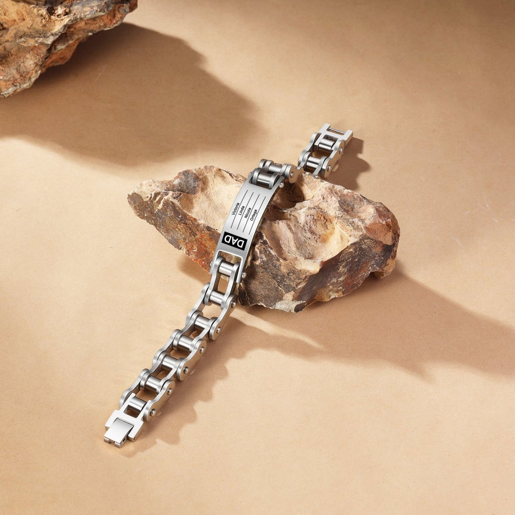 Stainless steel personalised name bracelet with a biker chain design, perfect for Father's Day or any occasion