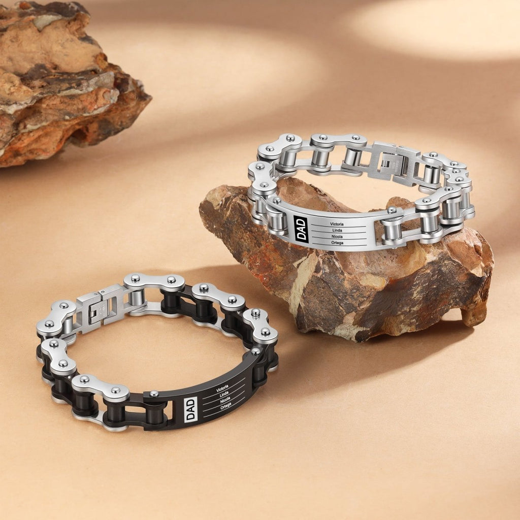 Stainless steel personalised name bracelet with a biker chain design, perfect for Father's Day or any occasion