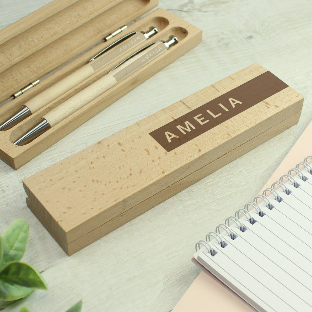 Personalised Name Only Wooden Pen and Pencil Set - Engraved Memories