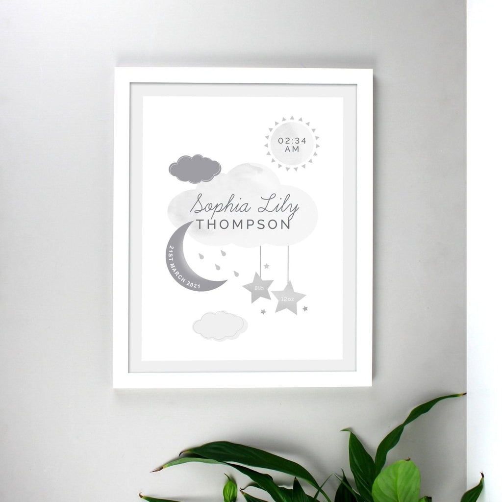 Personalised New Baby Moon & Stars White Framed Print - Engraved Memories