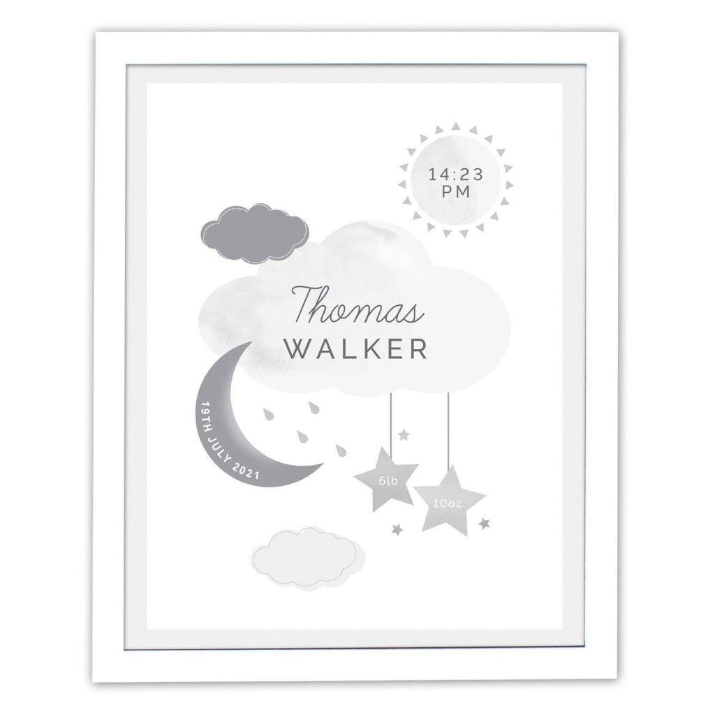 Personalised New Baby Moon & Stars White Framed Print - Engraved Memories
