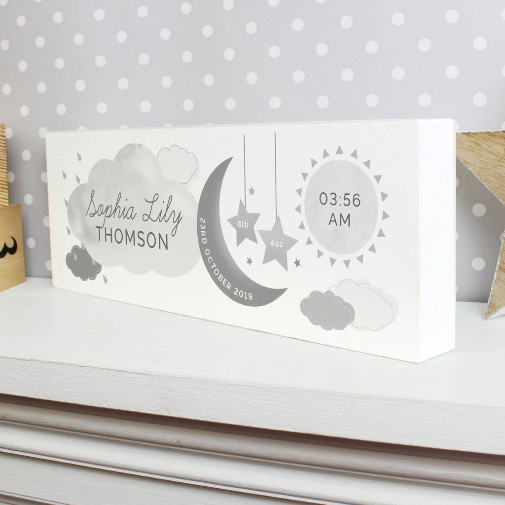 Personalised New Baby Moon & Stars Wooden Block Nursery Sign - Engraved Memories