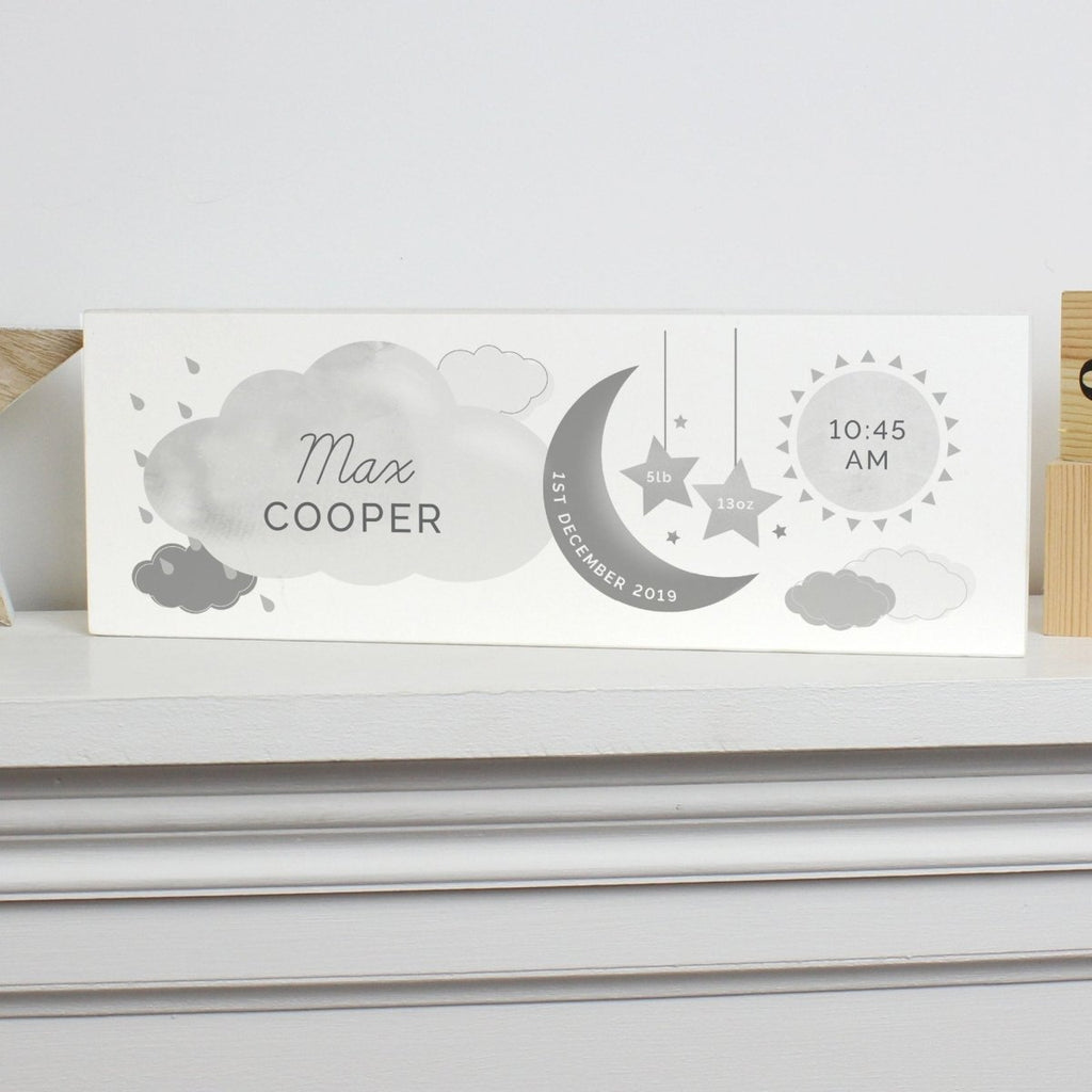 Personalised New Baby Moon & Stars Wooden Block Nursery Sign - Engraved Memories