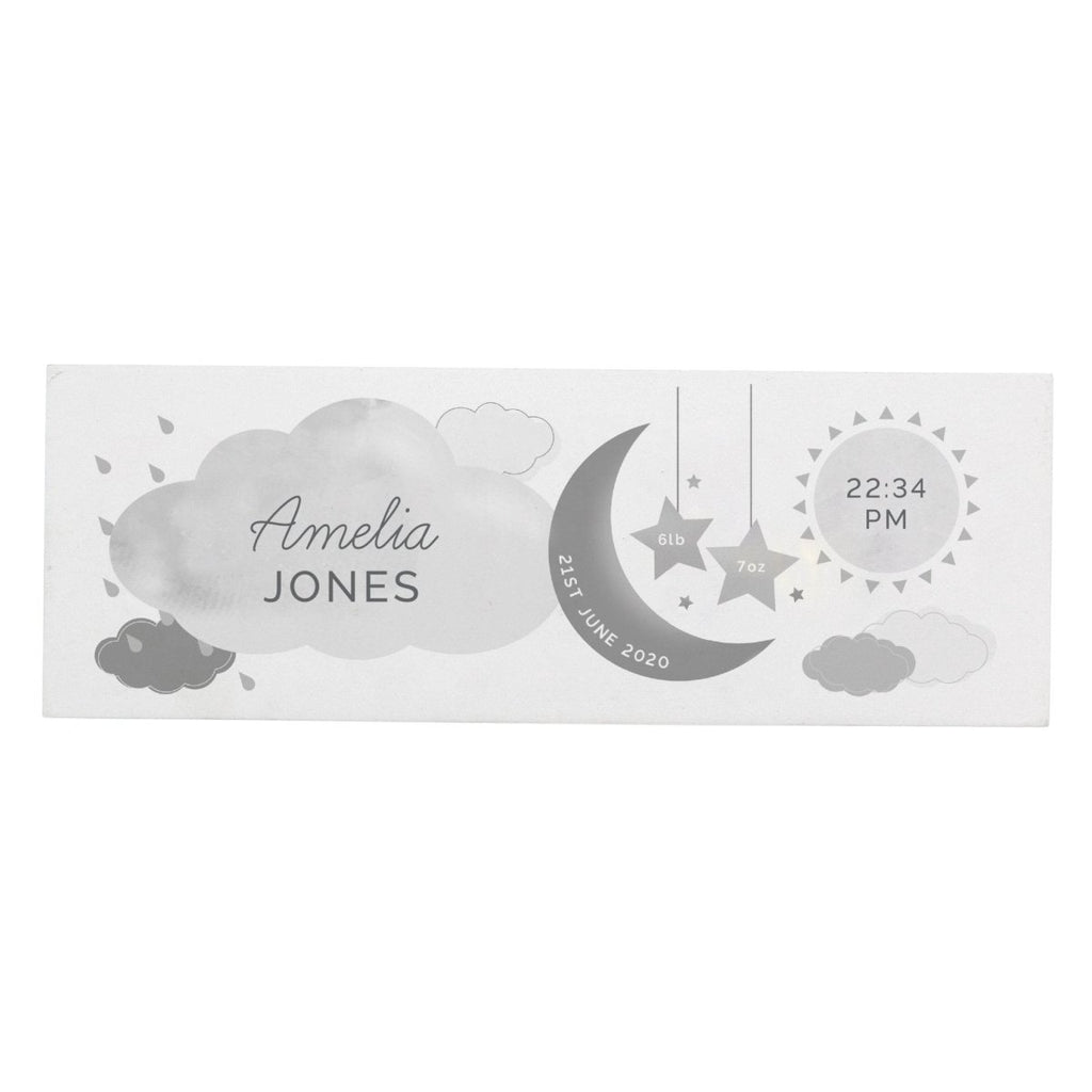 Personalised New Baby Moon & Stars Wooden Block Nursery Sign - Engraved Memories