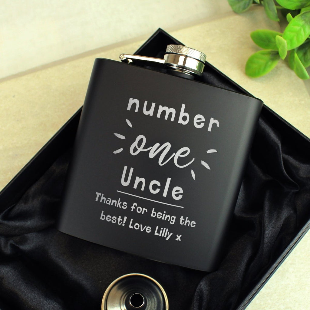 Personalised Number One Black Hip Flask, Father's day Gift for Men - Engraved Memories