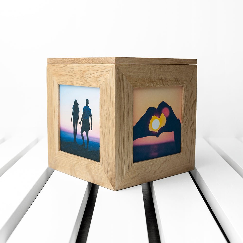 Personalised Oak Couples Photo Cube Keepsake Box - Engraved Memories