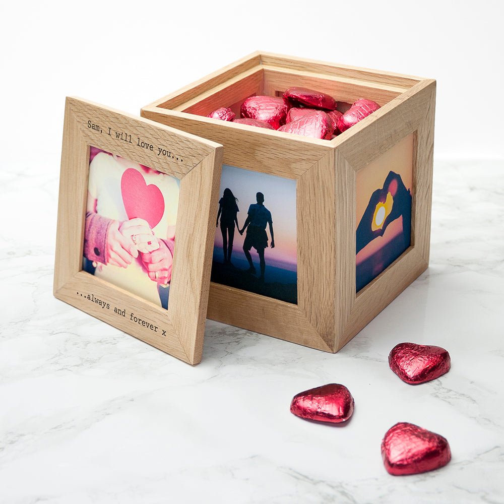 Personalised Oak Couples Photo Cube Keepsake Box - Engraved Memories