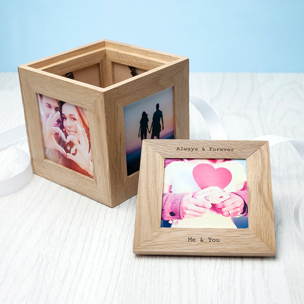 Personalised Oak Couples Photo Cube Keepsake Box - Engraved Memories