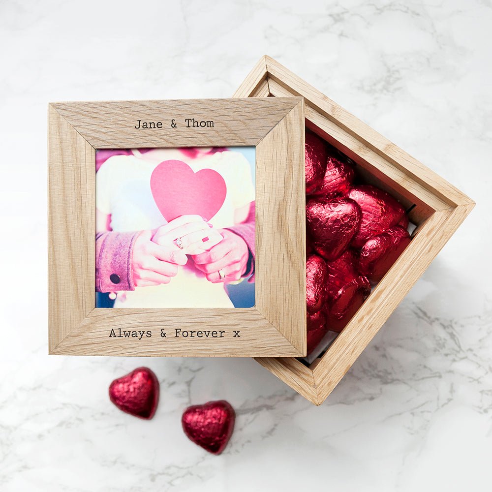 Personalised Oak Couples Photo Cube Keepsake Box - Engraved Memories