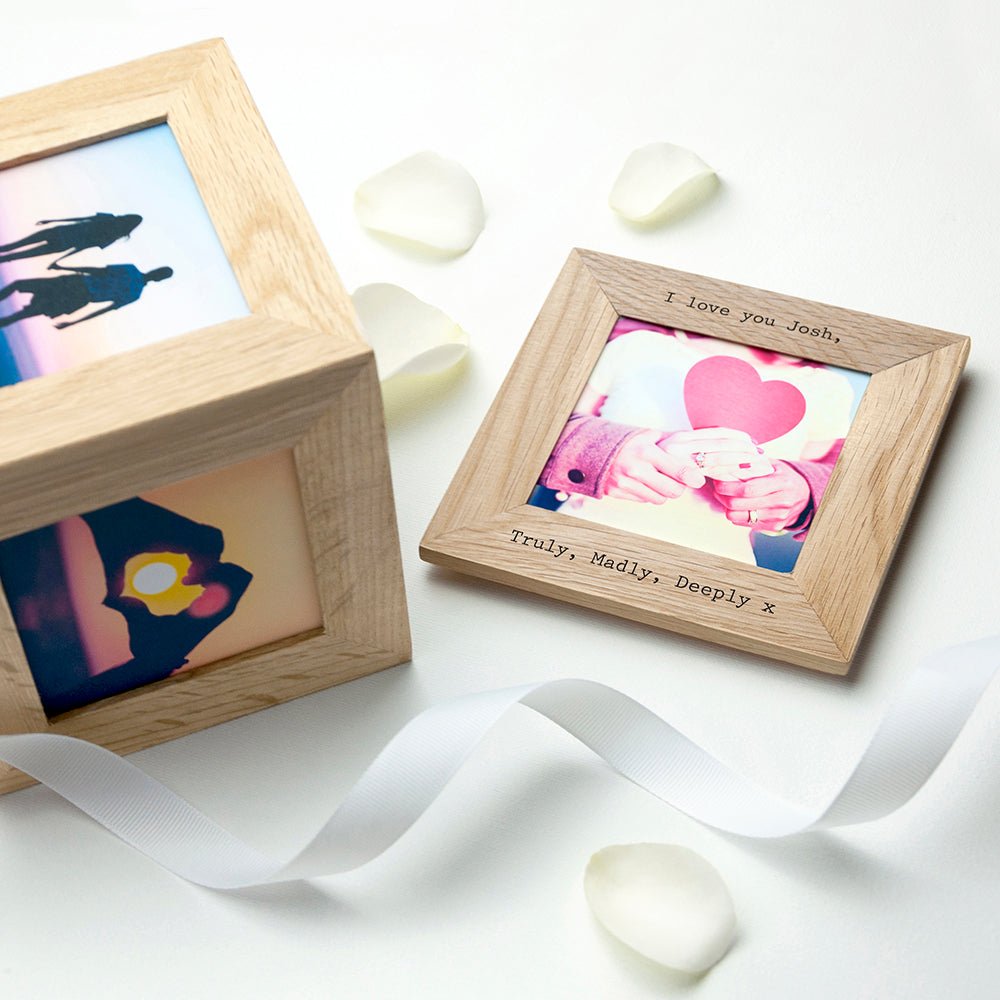 Personalised Oak Couples Photo Cube Keepsake Box - Engraved Memories