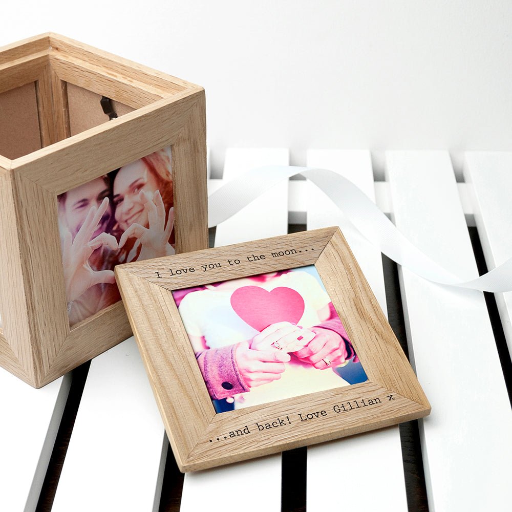 Personalised Oak Couples Photo Cube Keepsake Box - Engraved Memories