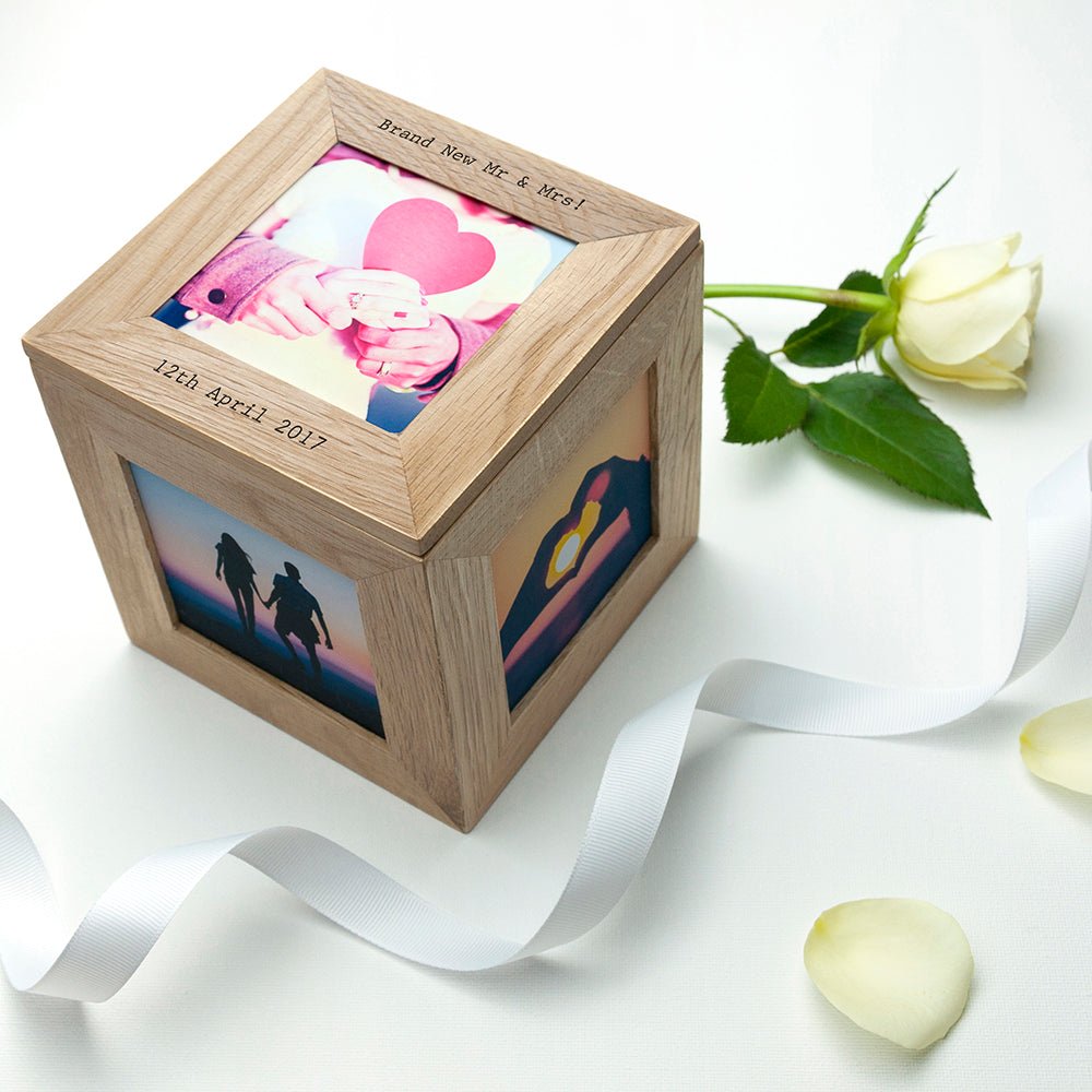 Personalised Oak Couples Photo Cube Keepsake Box - Engraved Memories