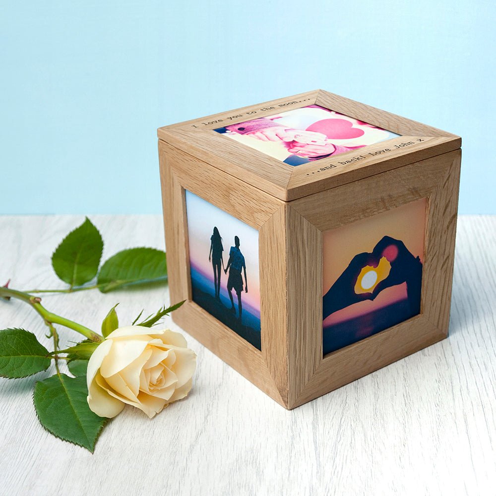 Personalised Oak Couples Photo Cube Keepsake Box - Engraved Memories