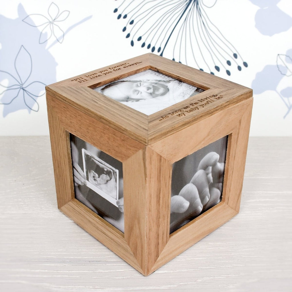 Personalised Oak Photo Cube Keepsake Box - Engraved Memories