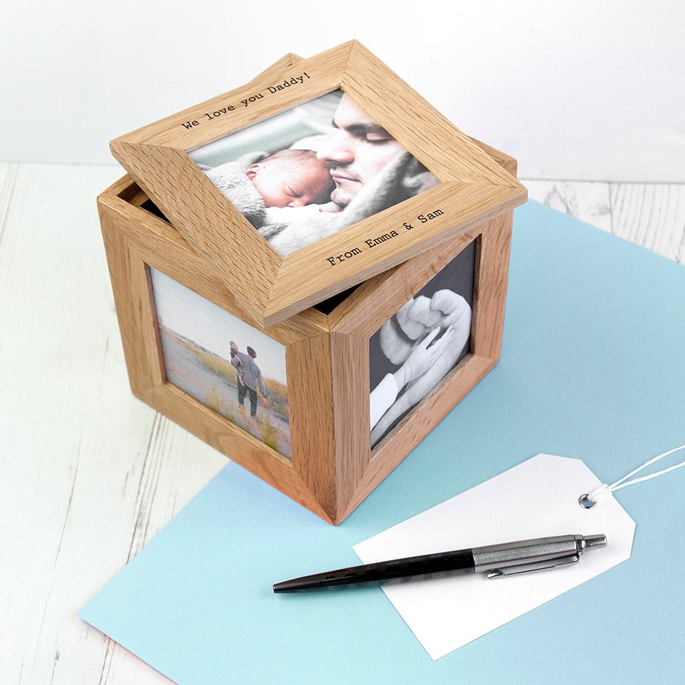 Personalised Oak Photo Cube Keepsake Box - Engraved Memories