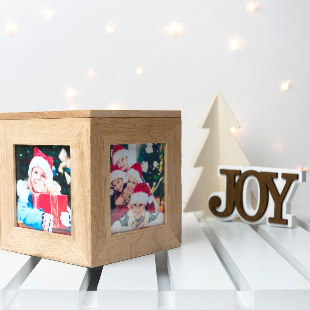 Personalised Oak Photo Cube Keepsake Box - Engraved Memories