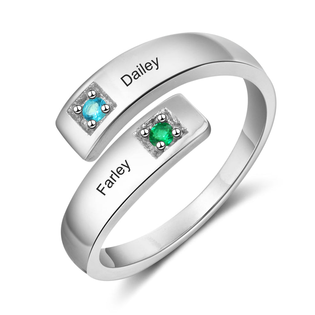 Personalized open birthstone ring with two names and stones, adjustable size, perfect for Valentine's Day or Mother's Day