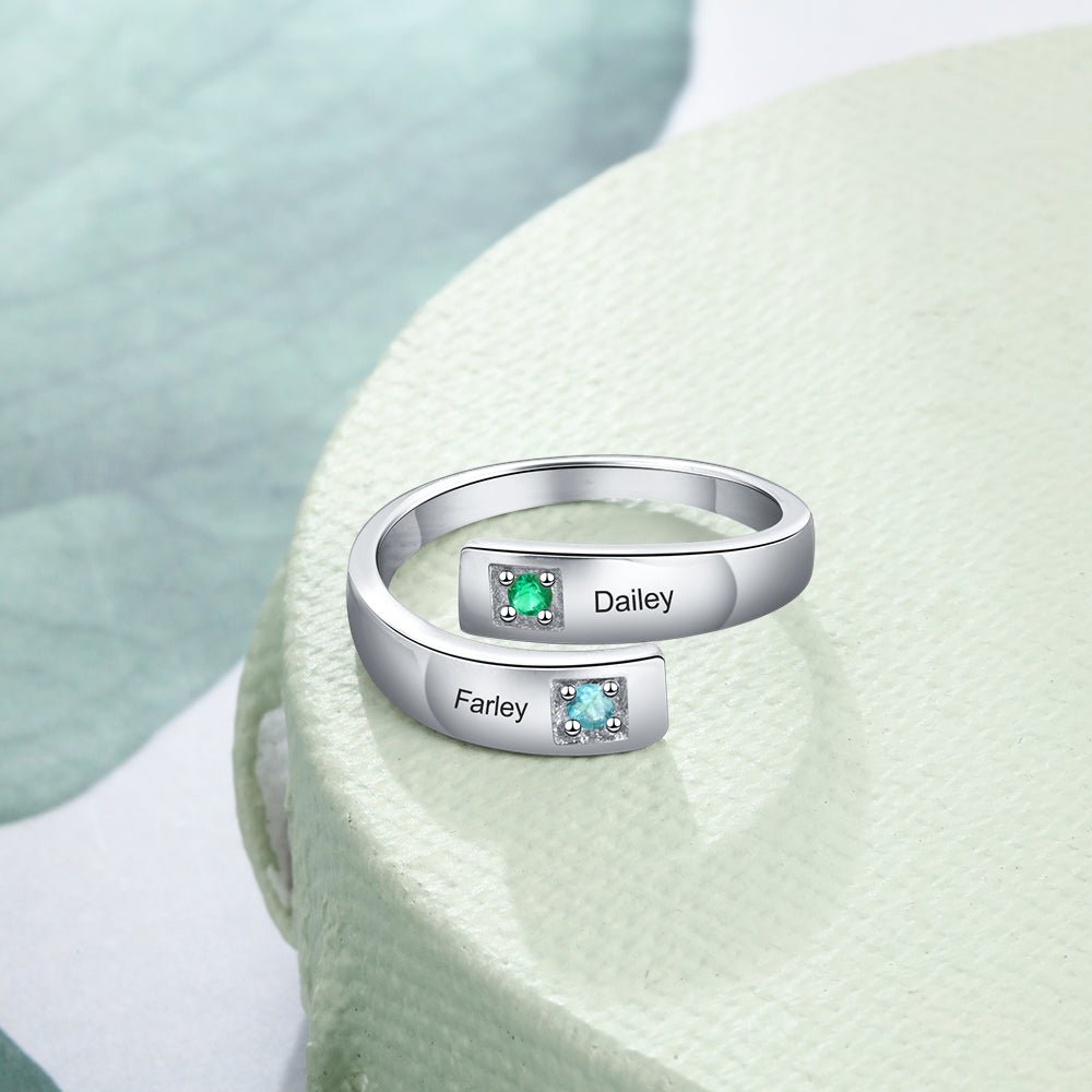 Personalized open birthstone ring with two names and stones, adjustable size, perfect for Valentine's Day or Mother's Day