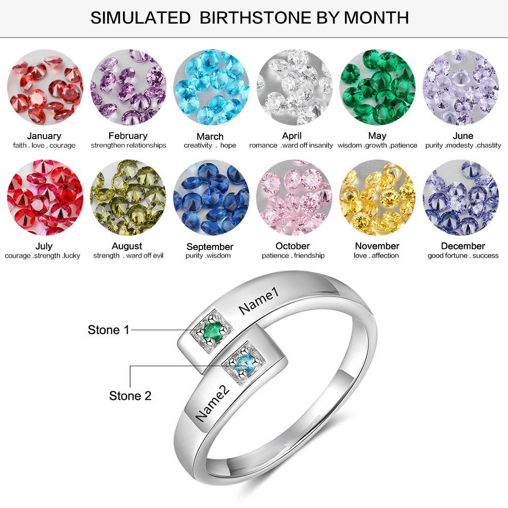 Personalized open birthstone ring with two names and stones, adjustable size, perfect for Valentine's Day or Mother's Day