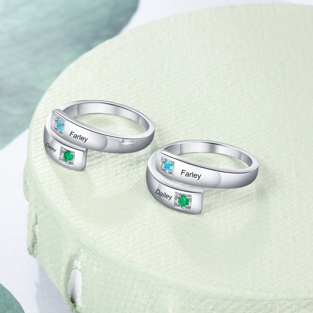 Personalized open birthstone ring with two names and stones, adjustable size, perfect for Valentine's Day or Mother's Day