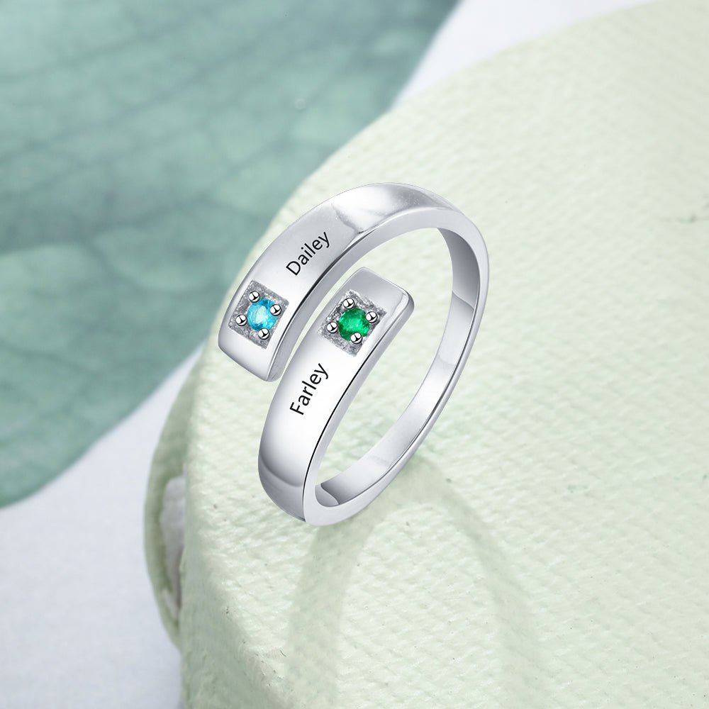 Personalized open birthstone ring with two names and stones, adjustable size, perfect for Valentine's Day or Mother's Day
