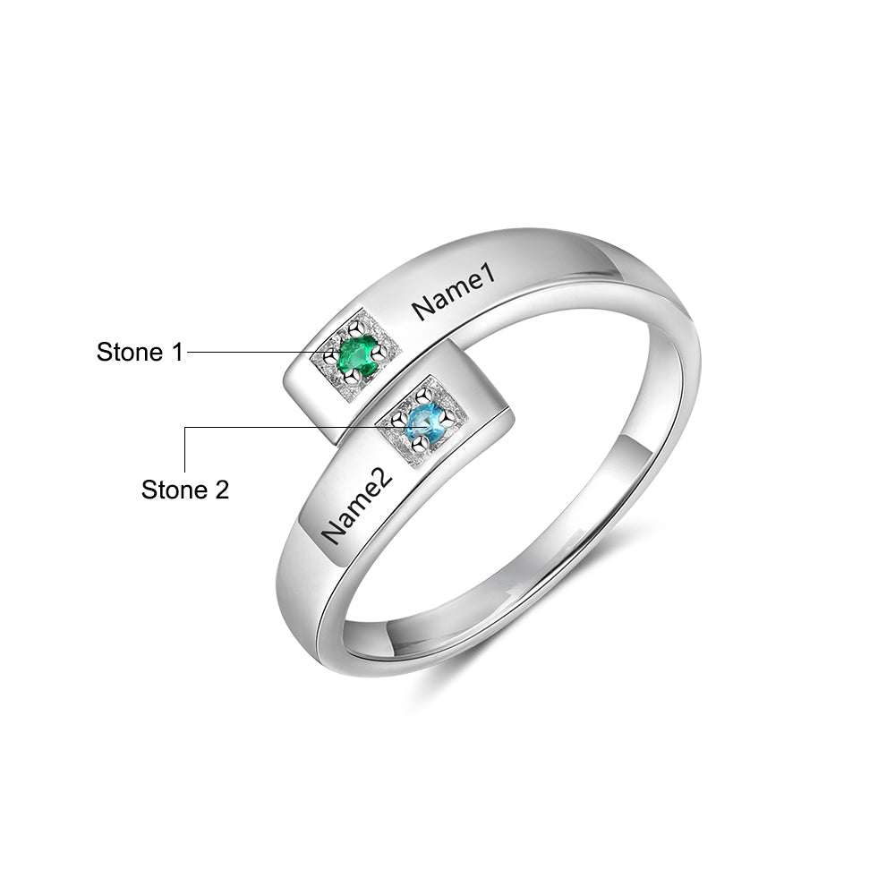 Personalized open birthstone ring with two names and stones, adjustable size, perfect for Valentine's Day or Mother's Day