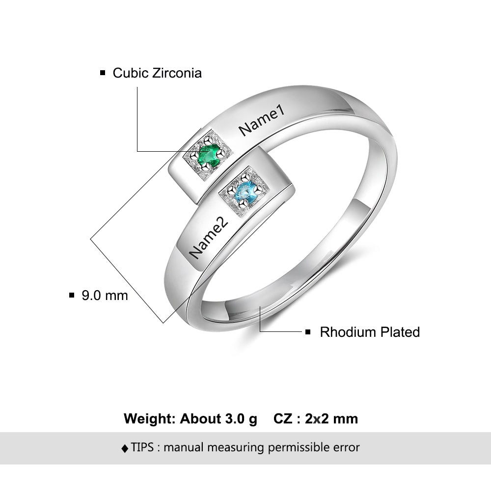 Personalized open birthstone ring with two names and stones, adjustable size, perfect for Valentine's Day or Mother's Day