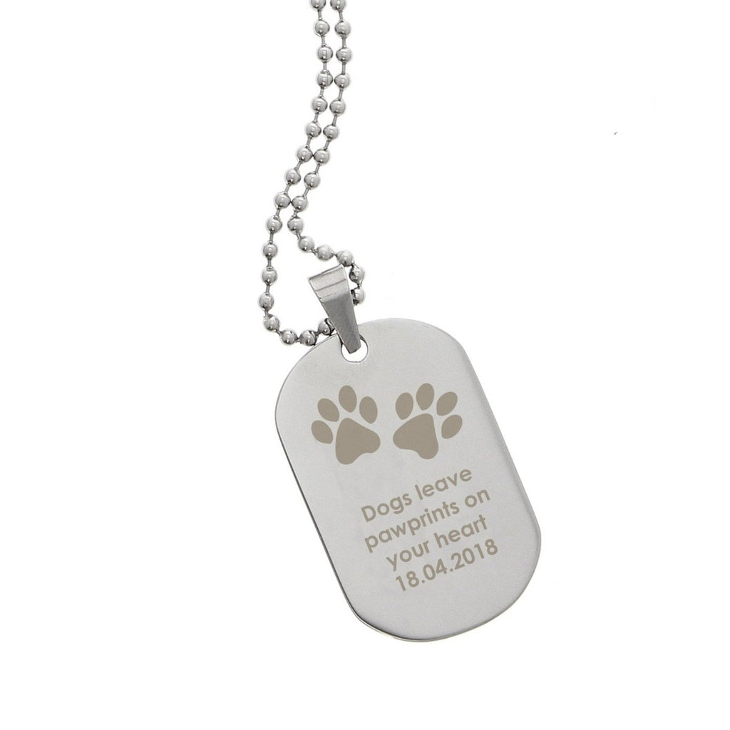 Personalised Pawprints Stainless Steel Dog Tag Necklace - Engraved Memories