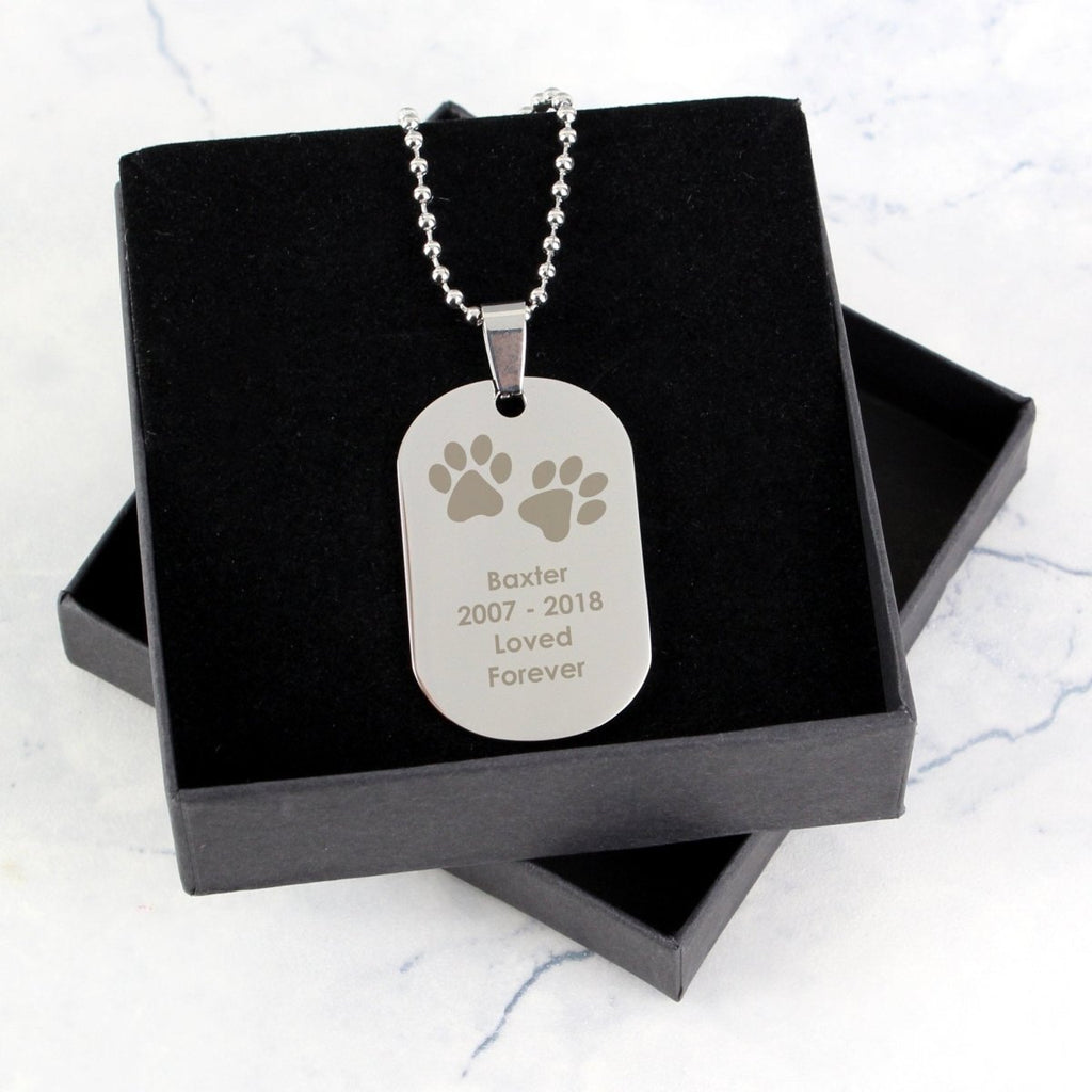 Personalised Pawprints Stainless Steel Dog Tag Necklace - Engraved Memories