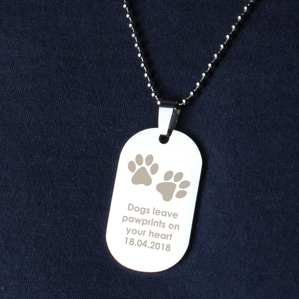 Personalised Pawprints Stainless Steel Dog Tag Necklace - Engraved Memories