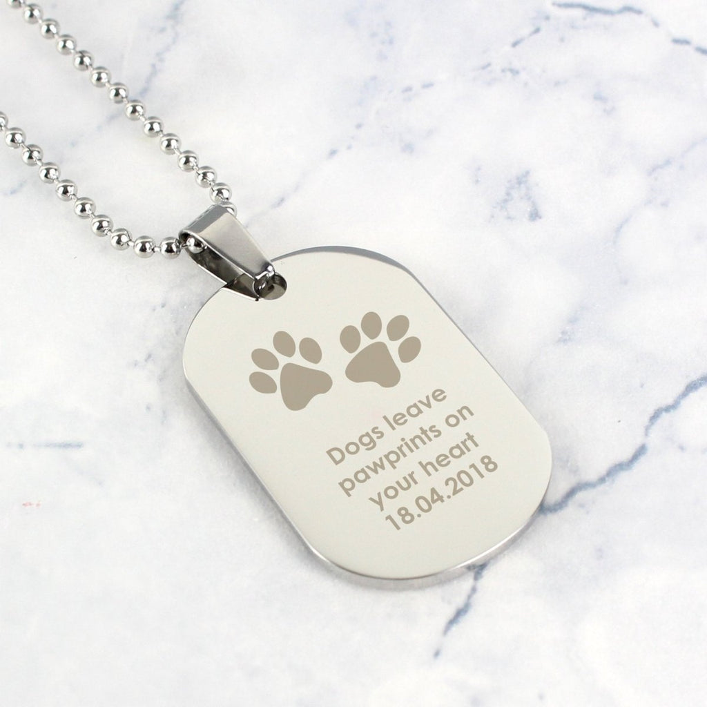 Personalised Pawprints Stainless Steel Dog Tag Necklace - Engraved Memories