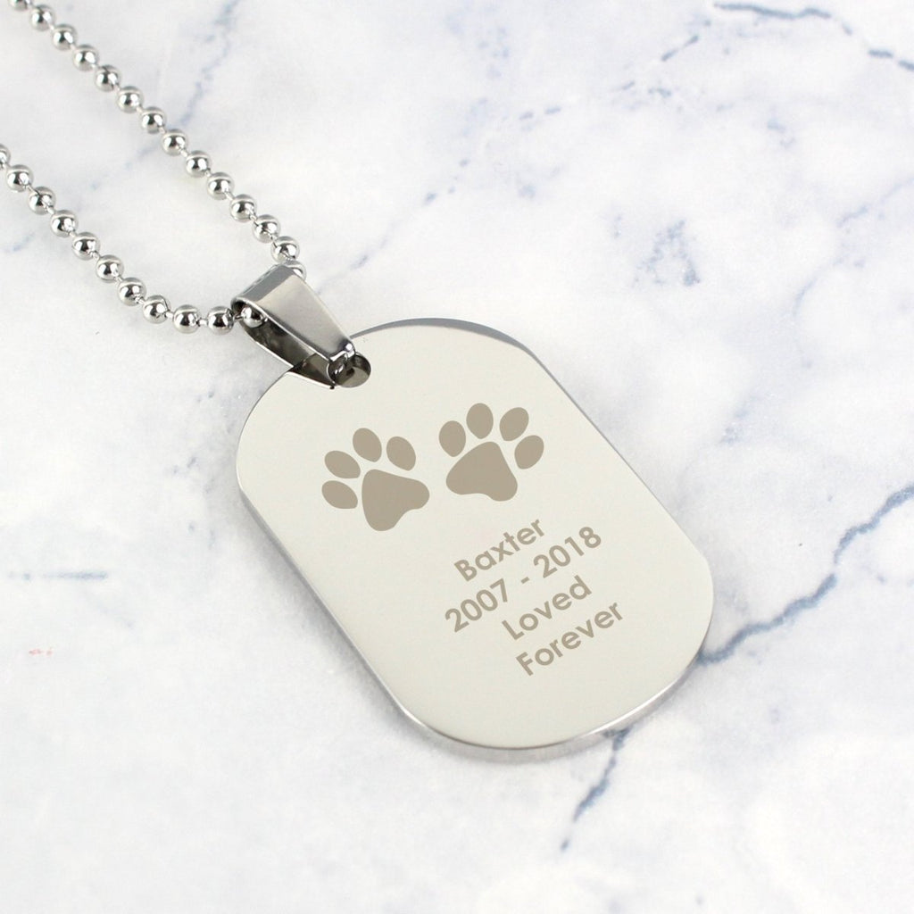 Personalised Pawprints Stainless Steel Dog Tag Necklace - Engraved Memories