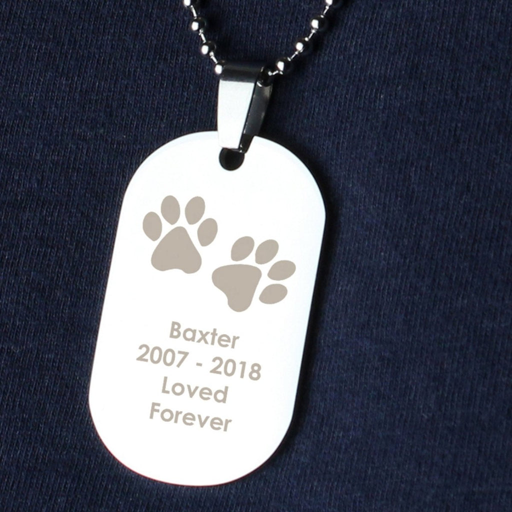 Personalised Pawprints Stainless Steel Dog Tag Necklace - Engraved Memories