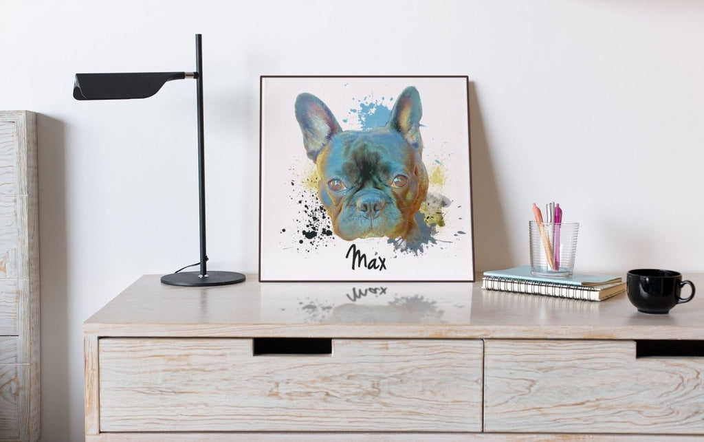 Personalized pet portrait glossy wooden photo panel, 29.5cm x 29.5cm, custom design with text.